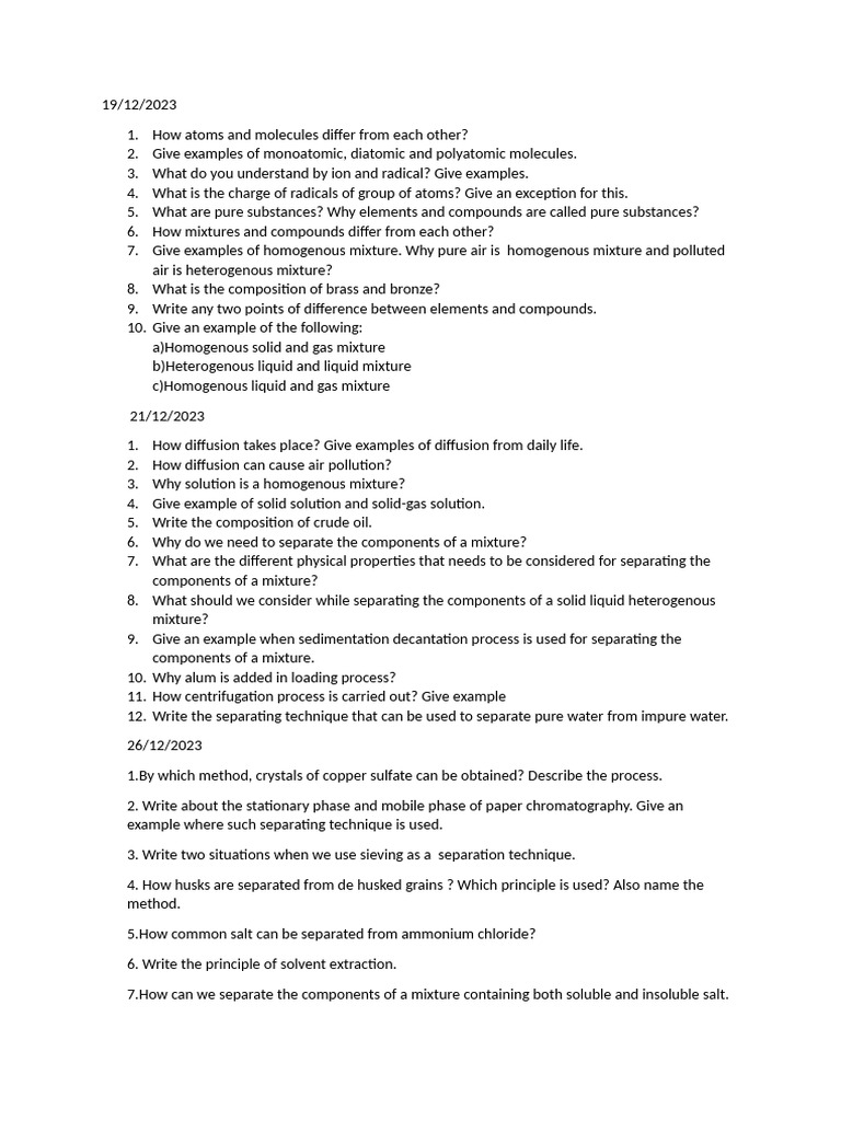 Understanding Atoms, Mixtures, and Separation Techniques | PDF ...