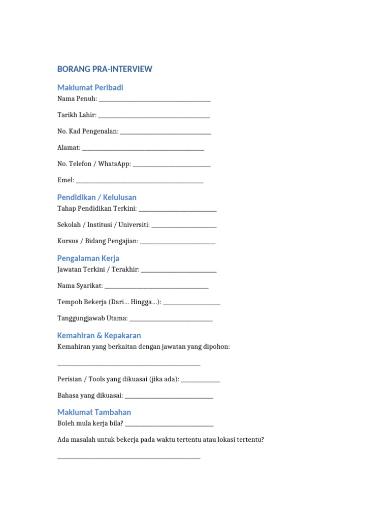 Borang Pra Interview | PDF
