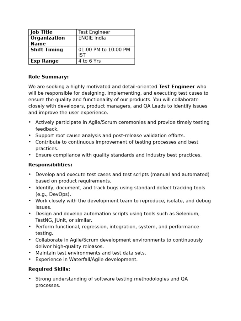 TestEngineer JD | PDF