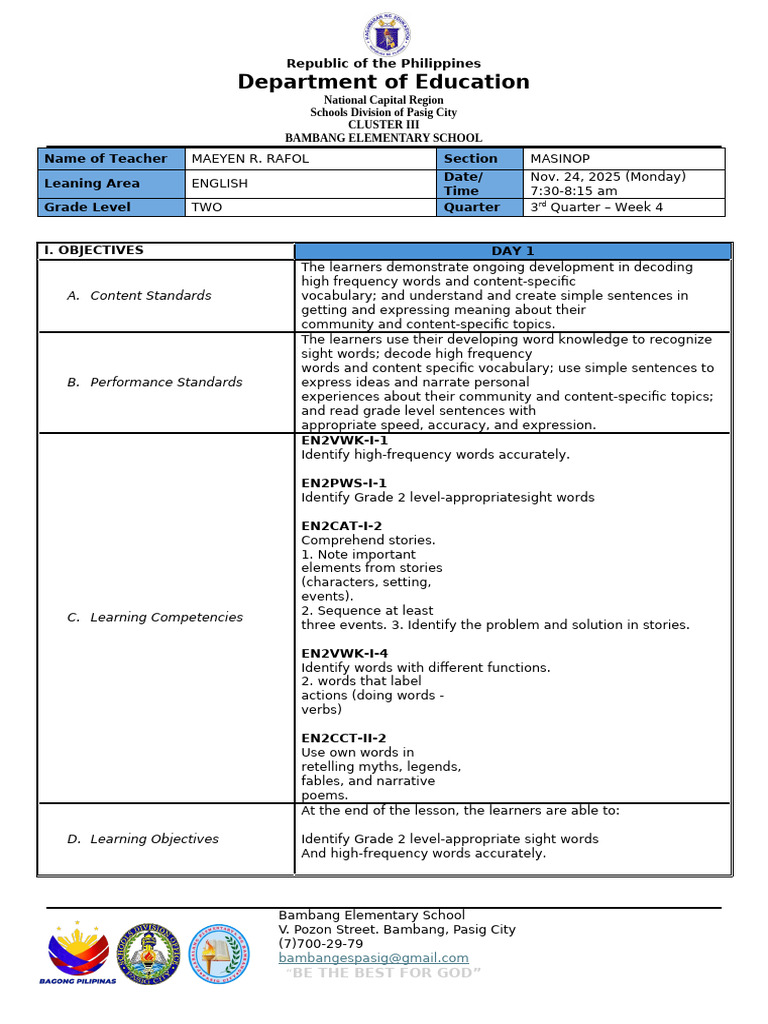Grade 2 English Lesson Plan: Sight Words | PDF | Consonant | Vocabulary
