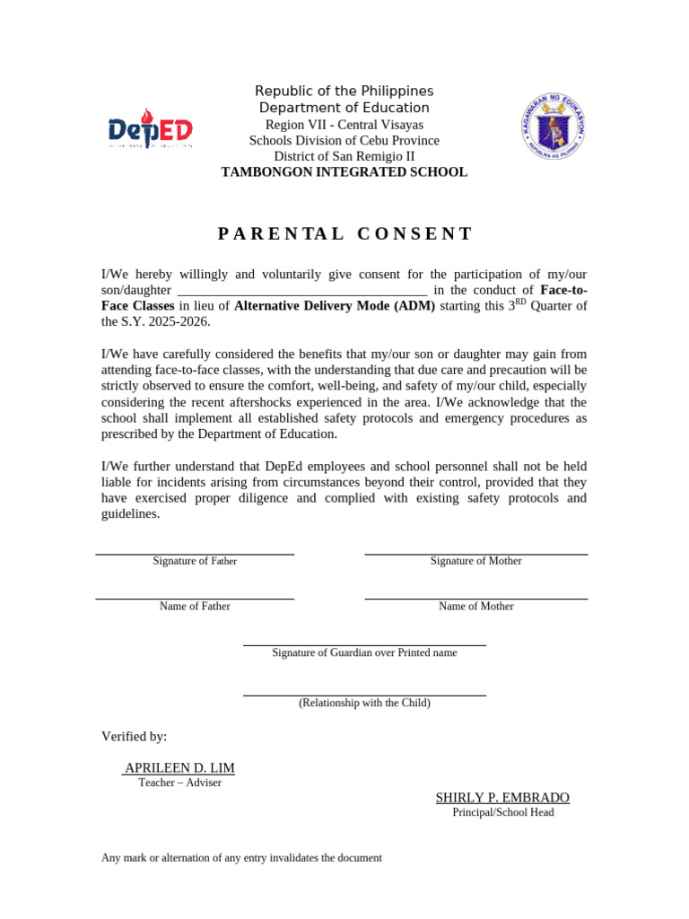 Parental Consent for Face to Face Classes (2) | PDF