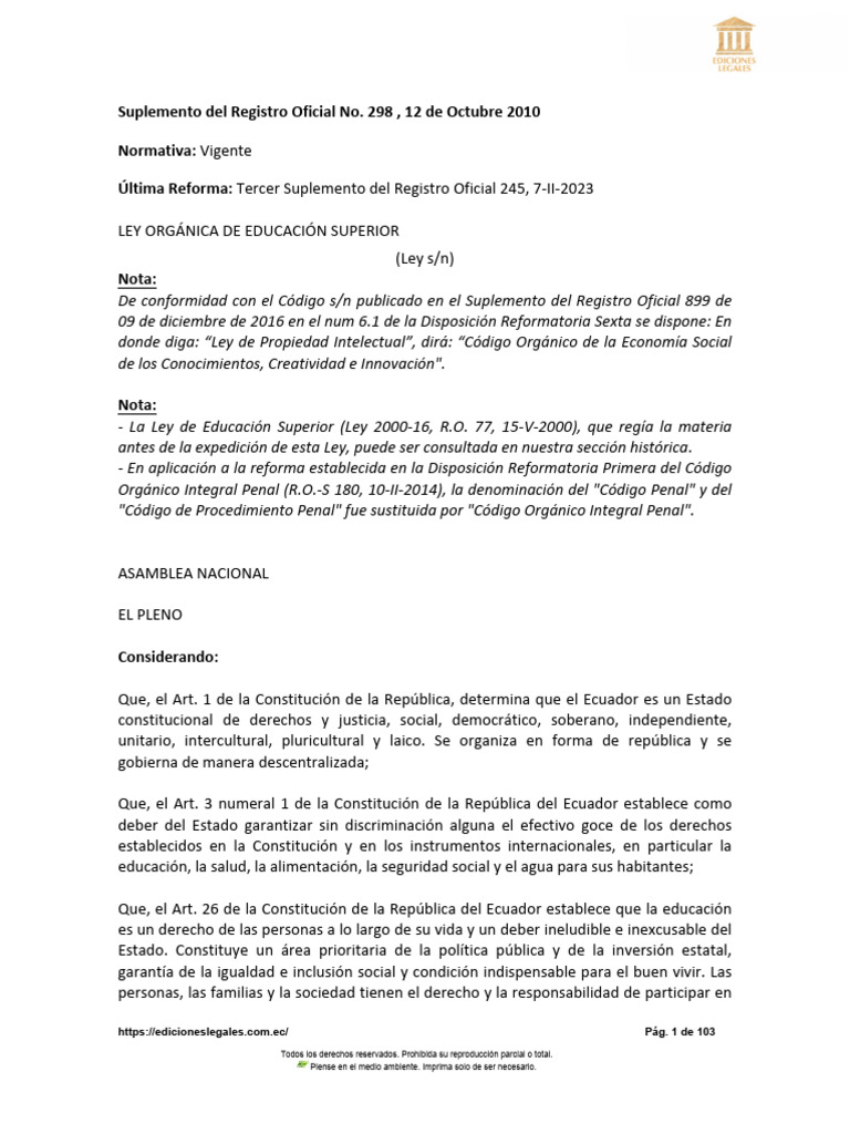 Ley Orgánica de Educación Superior en Ecuador | PDF | Institución ...