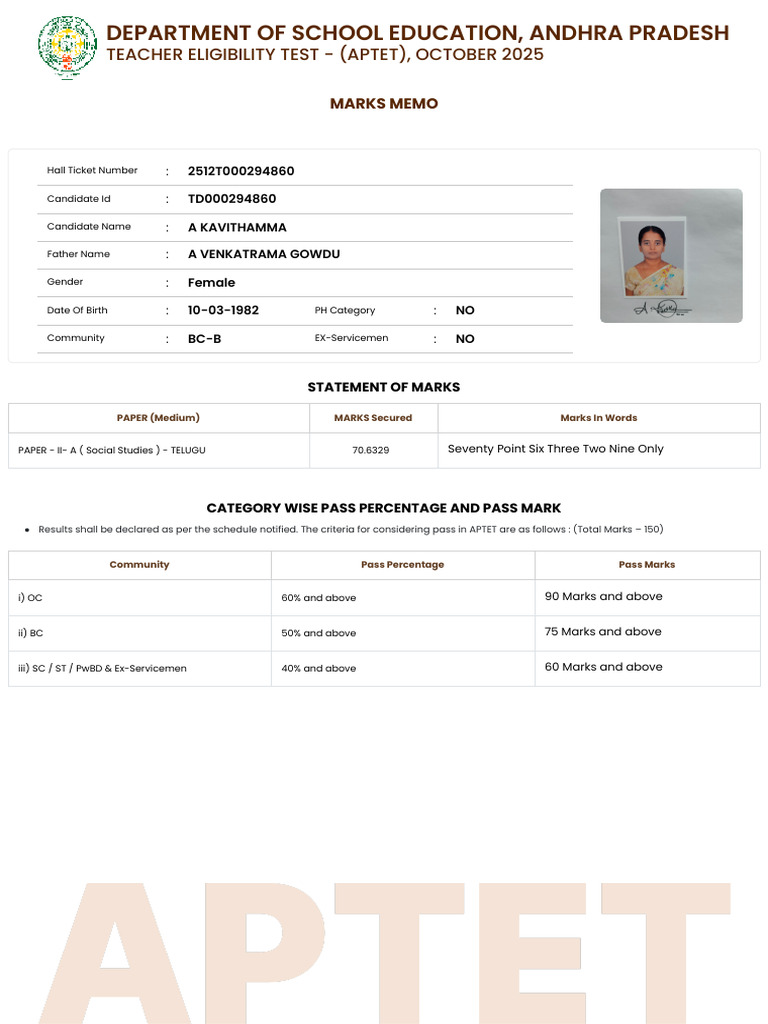 APTET October 2025 Marks Memo | PDF