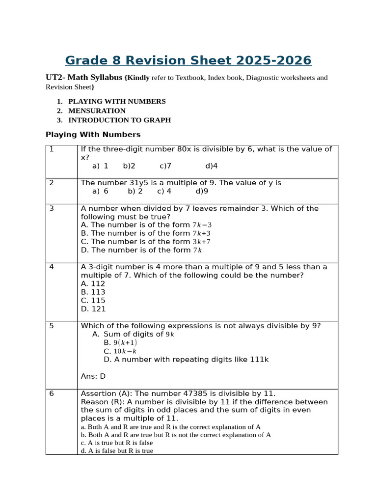 Grade 8 Math Revision Sheet 2025-2026 | PDF | Area | Cartesian ...