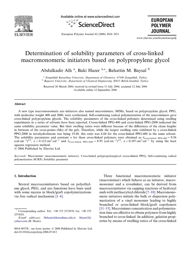 Determination of Solubility Parameters of Cross-linked Macromonomeric ...