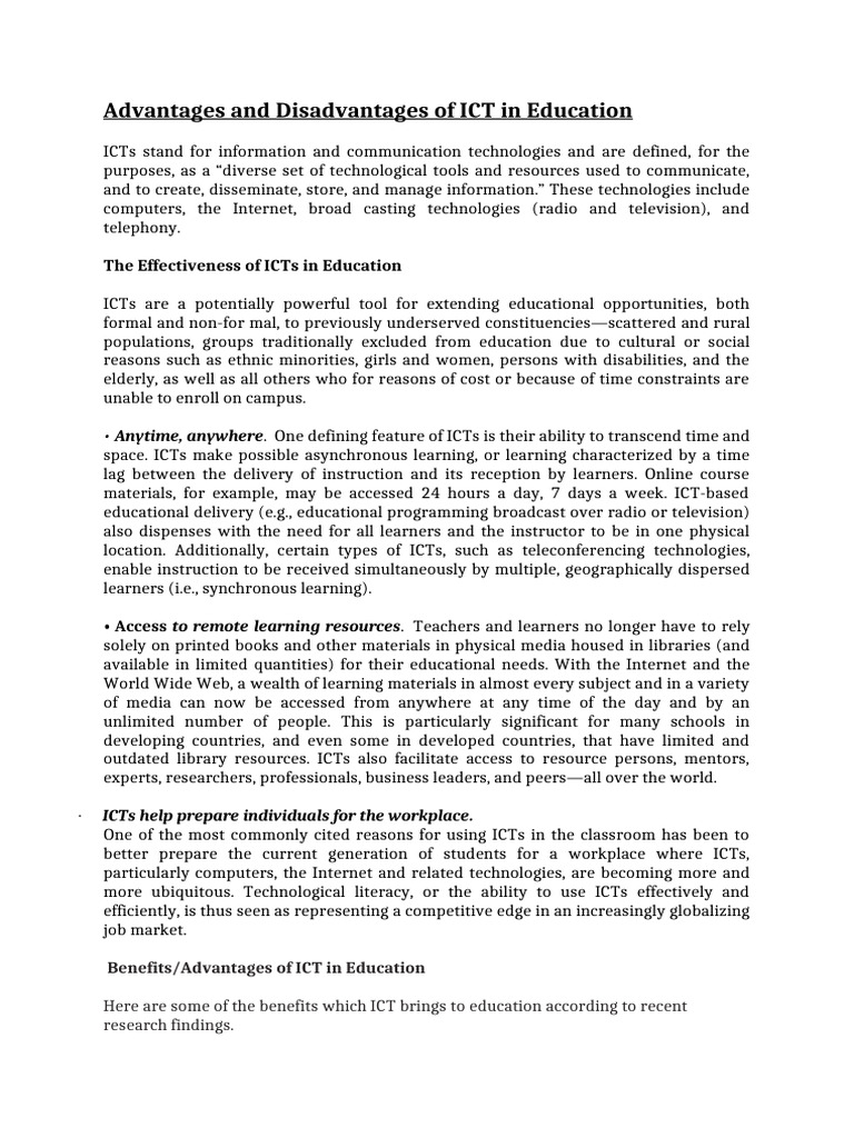 ICT in Education: Pros and Cons | PDF | Educational Technology ...