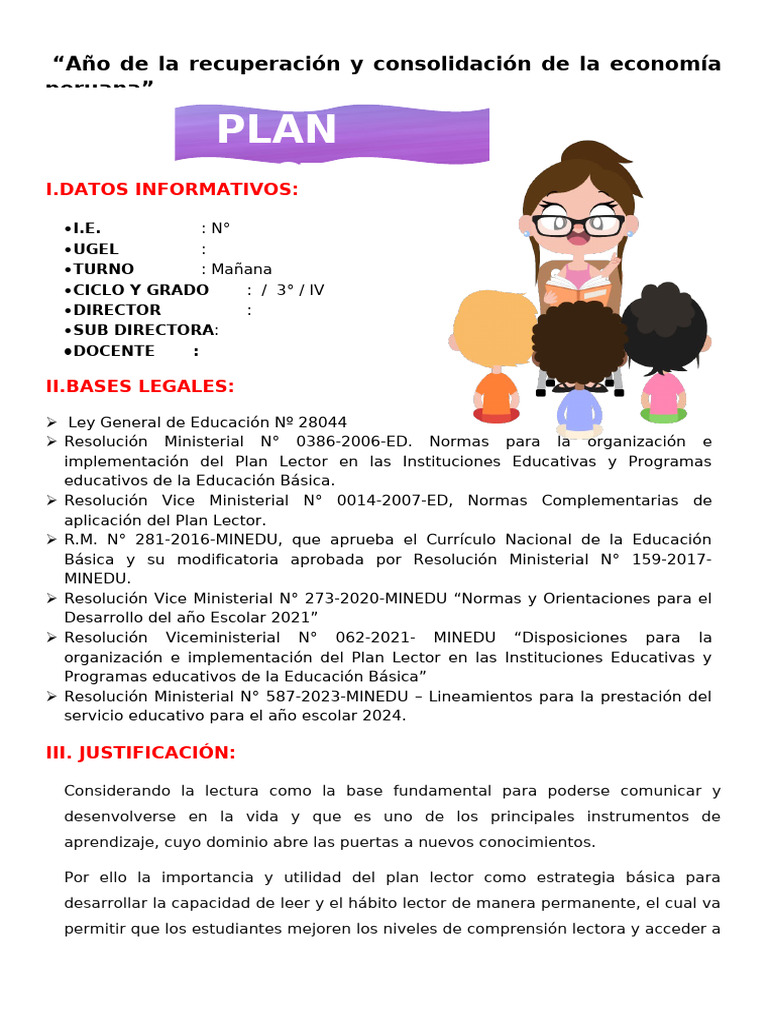 Plan Lector para Primer Grado 2024 | PDF | Maestros | Salón de clases