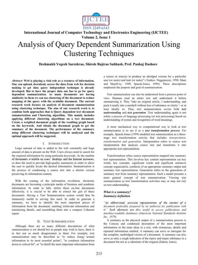 Query Dependent Summarization Analysis | PDF | Cluster Analysis | Computing