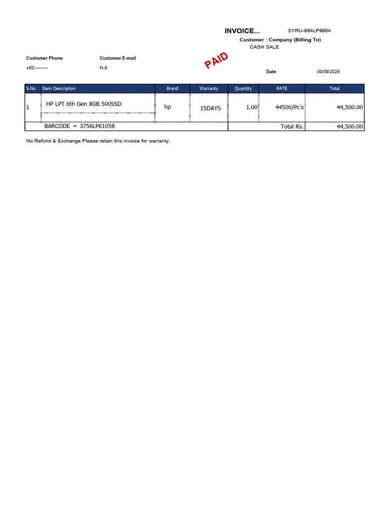 HP LPT Invoice - No Refund Policy | PDF