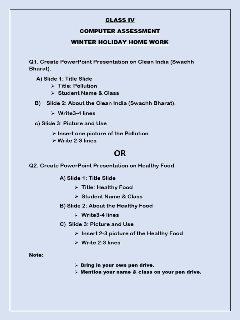 Holiday Homework Class - IV (2) | PDF