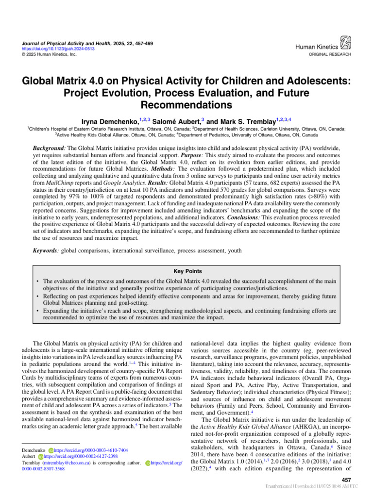 Global Matrix 4.0: Evaluating Youth Physical Activity | PDF | Matrix ...