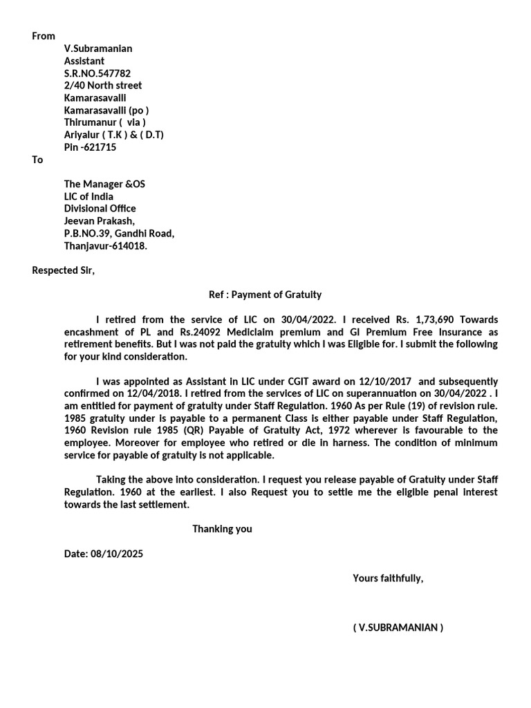 Request for Gratuity Payment from LIC | PDF