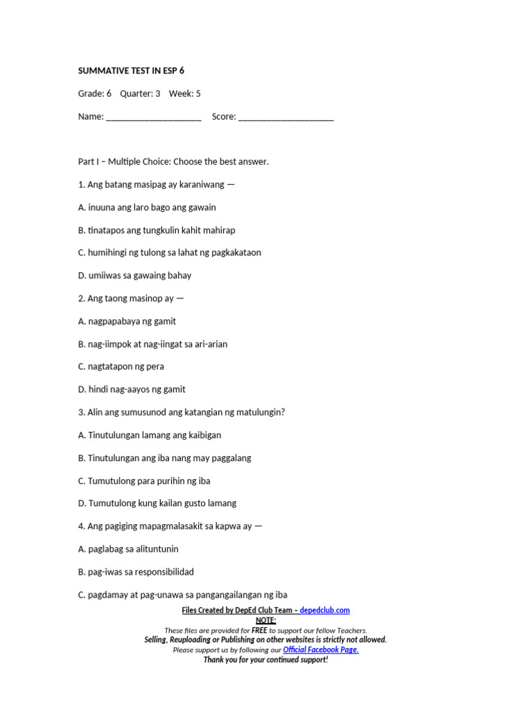 Summ - Test Esp 6 Q3 W5 | PDF