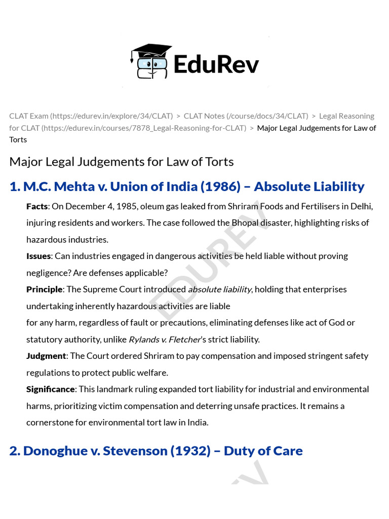 Major Legal Judgements for Law of Torts - Legal Reasoning for CLAT PDF ...