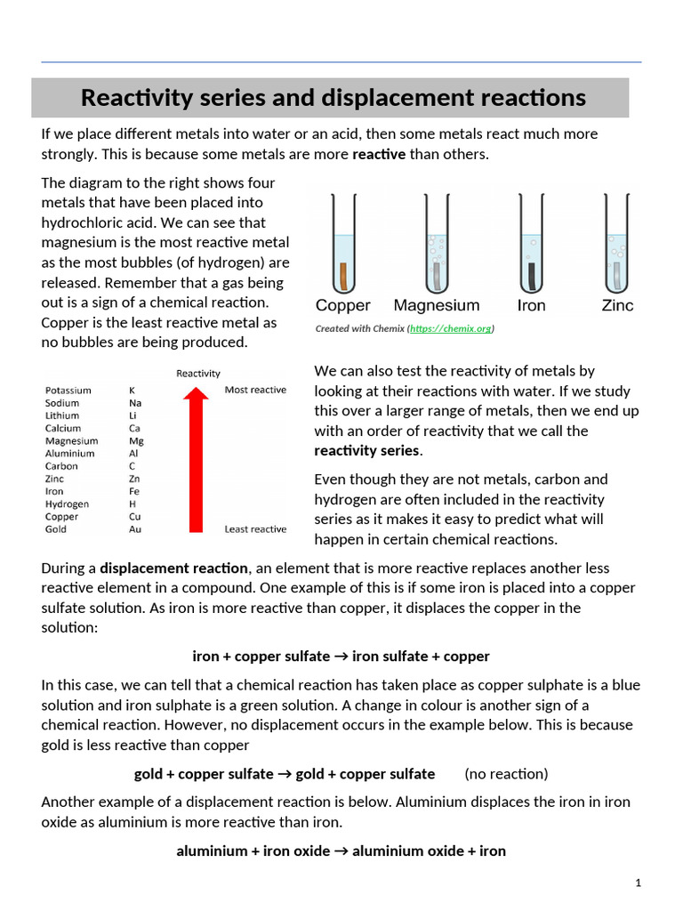 Reactivity Series and Displacement Reactions | PDF | Reactivity ...