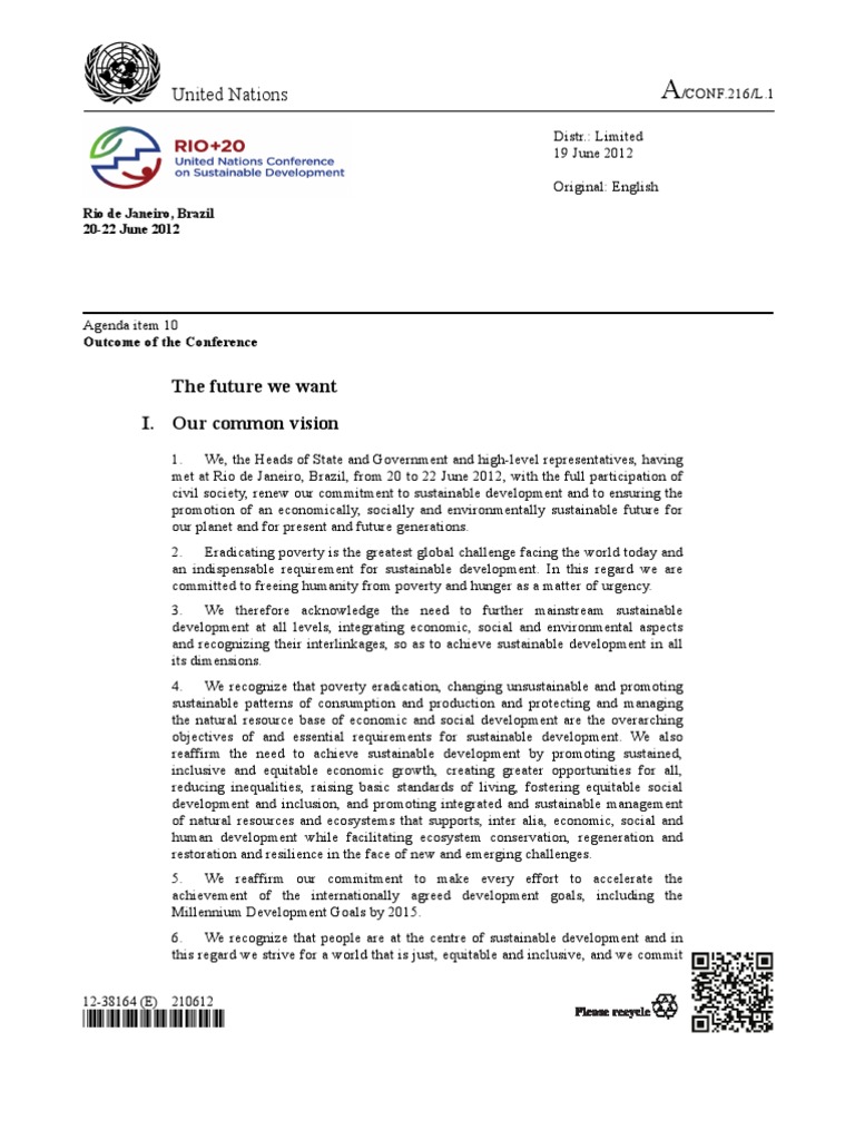 United Nations: The Future We Want I. Our Common Vision | PDF