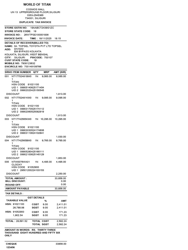 Titan Invoice for Siliguri Purchase | PDF