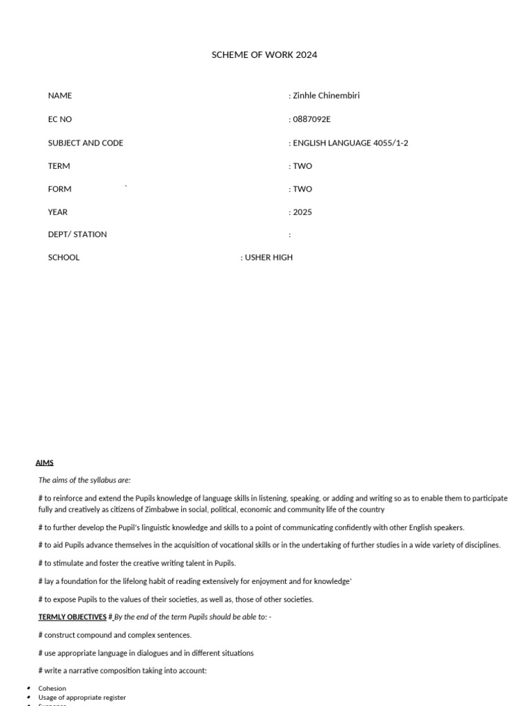 English Language Scheme of Work 2024 | PDF | Reading Comprehension | Verb