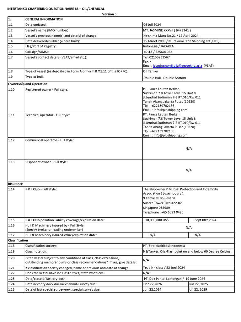 INTERCARGO Chartering Questionnaire 88 | PDF | Tonnage | Shipping