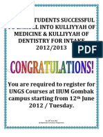 Notice List of Students Successful Enroll Into Kulliyyah of Medic & Denti Intake 20122013