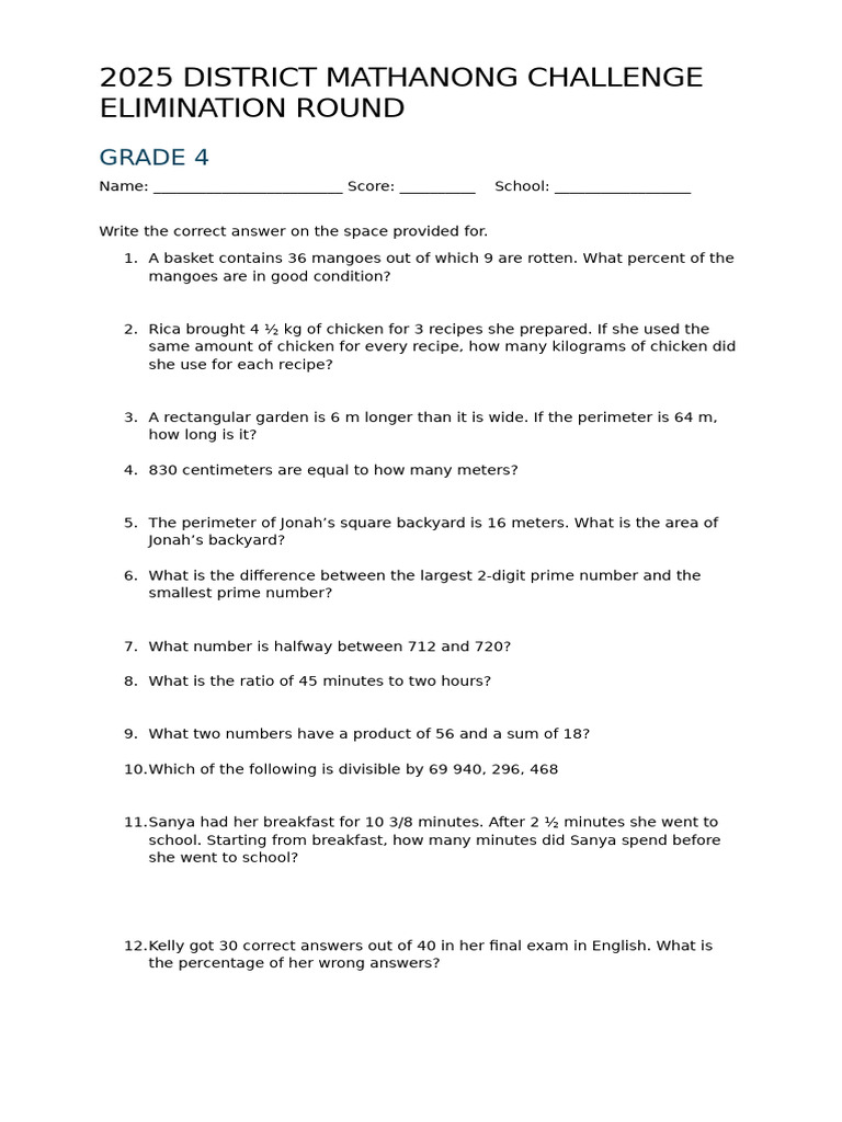 2025 Grade 4 Math Challenge Questions | PDF