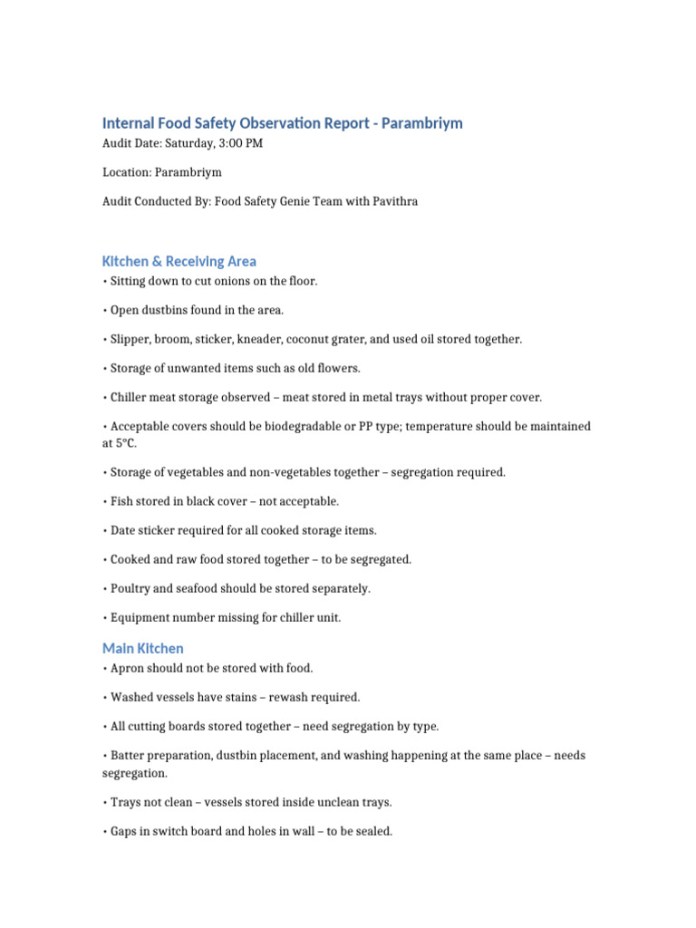 Parambriym Food Safety Audit Findings | PDF | Food Safety | Cooking