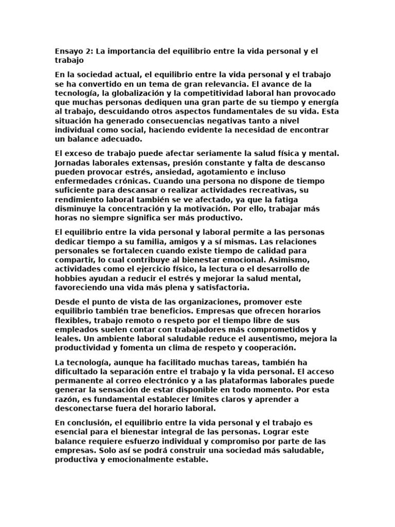 La Importancia Del Equilibrio Entre La Vida Personal y El Trabajo | PDF ...