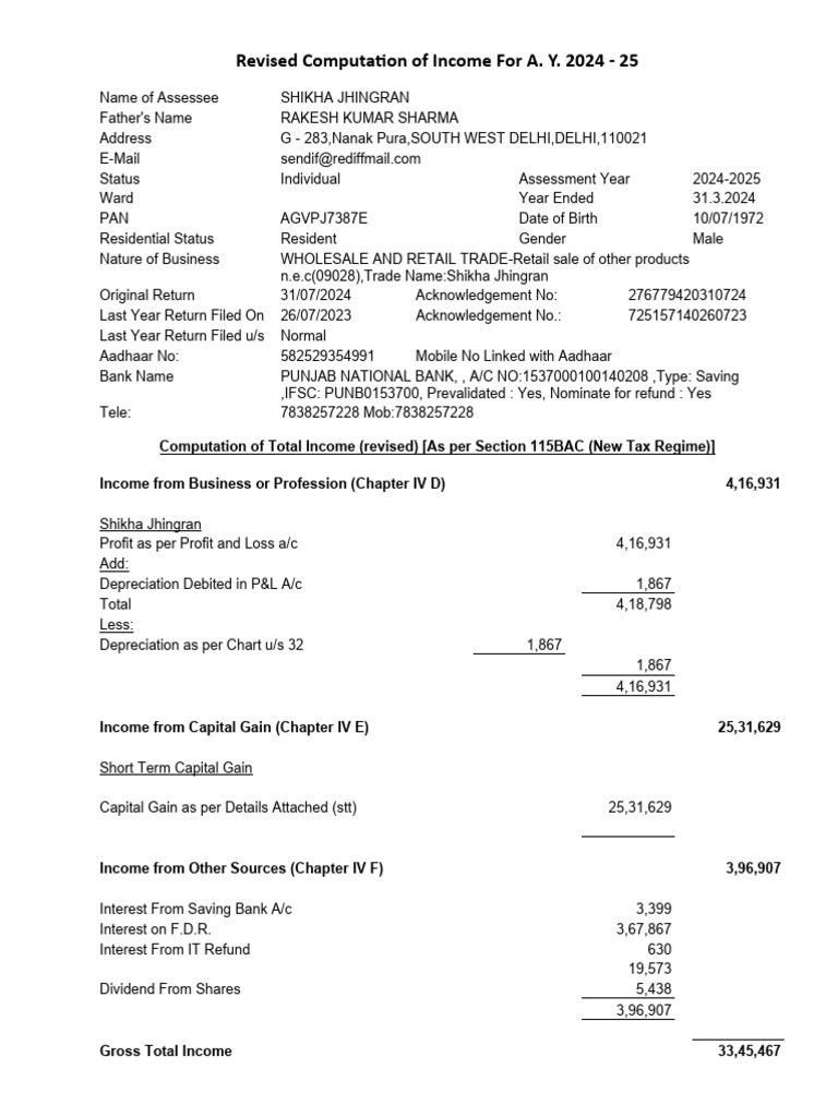 Revised Income Computation A.Y. 2024-25 | PDF | Dividend | Capital Gain
