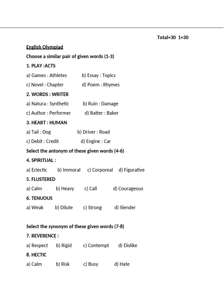 English Olympiad Practice Questions | PDF