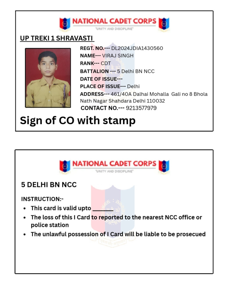 NCC Identity Card for Viraj Singh | PDF