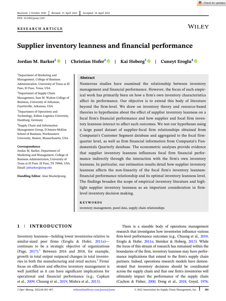 Supplier Inventory Leanness Impact on Performance | PDF | Supply Chain ...