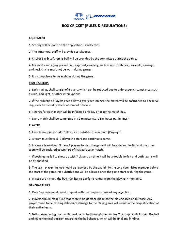TBAL Box Cricket Tournament Rules and Regulations | PDF | Bowling ...