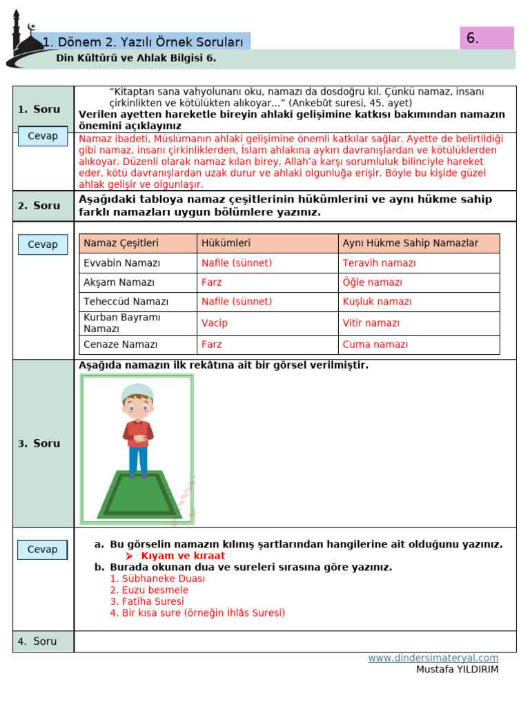 DKAB 6. Sinif 1. Donem 2. Yazili MEB Ornek Sorulari | PDF