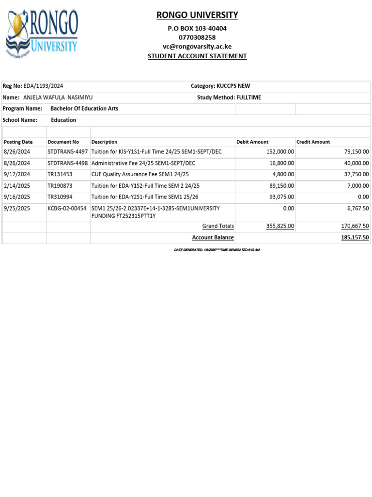 Rongo University Student Account Statement | PDF