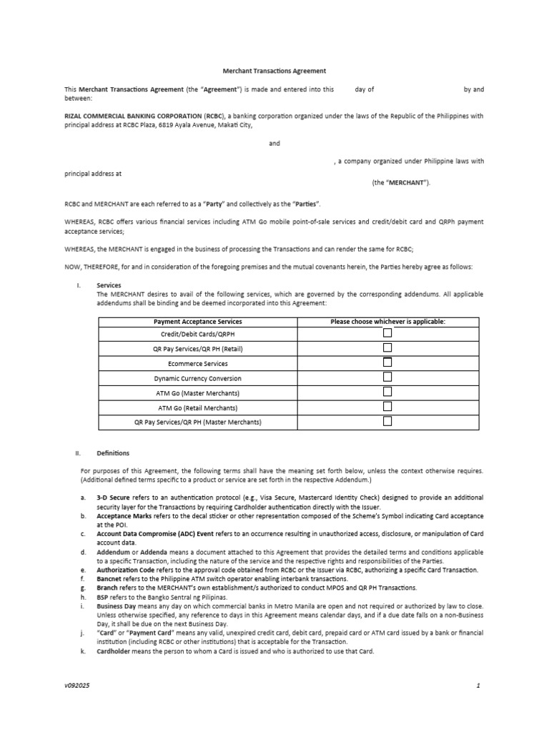 Merchant Transactions Agreement Overview | PDF | Credit Card | Debit Card