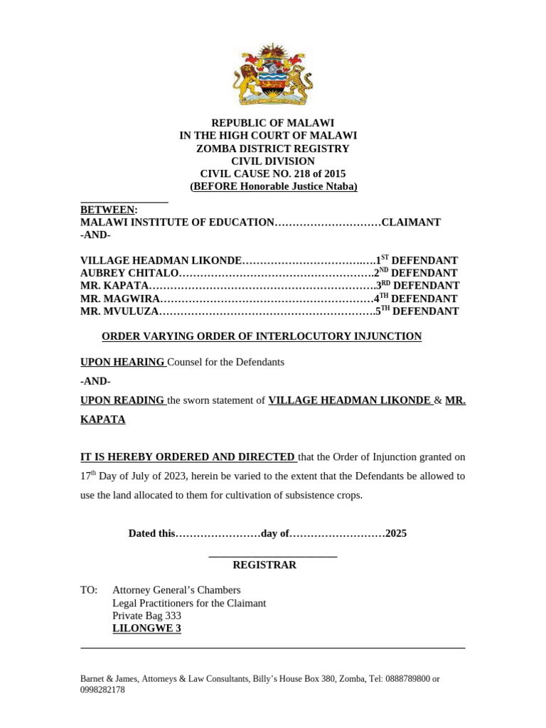 Malawi High Court Injunction Order Update | PDF