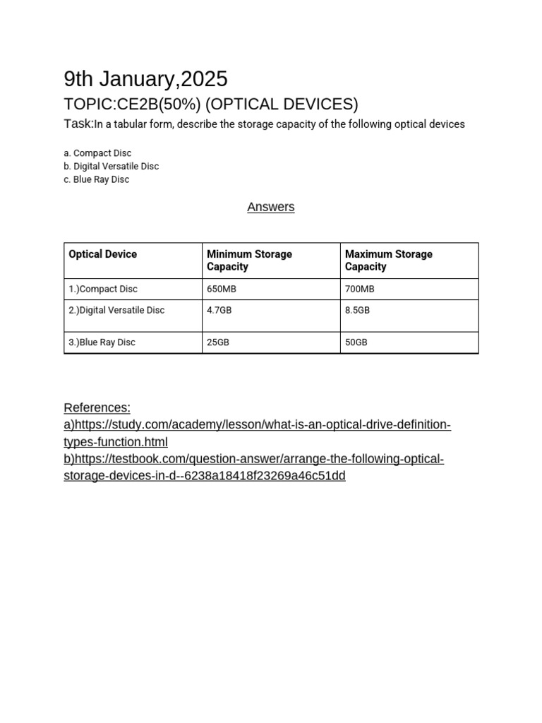 Optical Device Storage Capacities | PDF