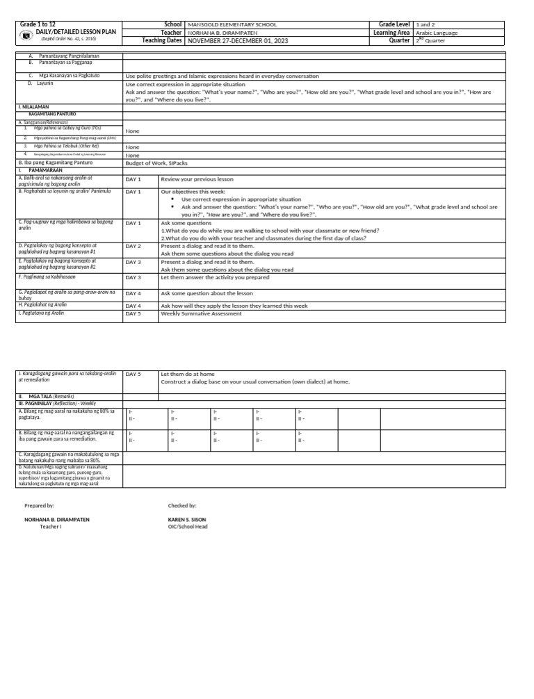 Arabic Language Lesson Plan for Grades 1-2 | PDF | Learning | Human ...