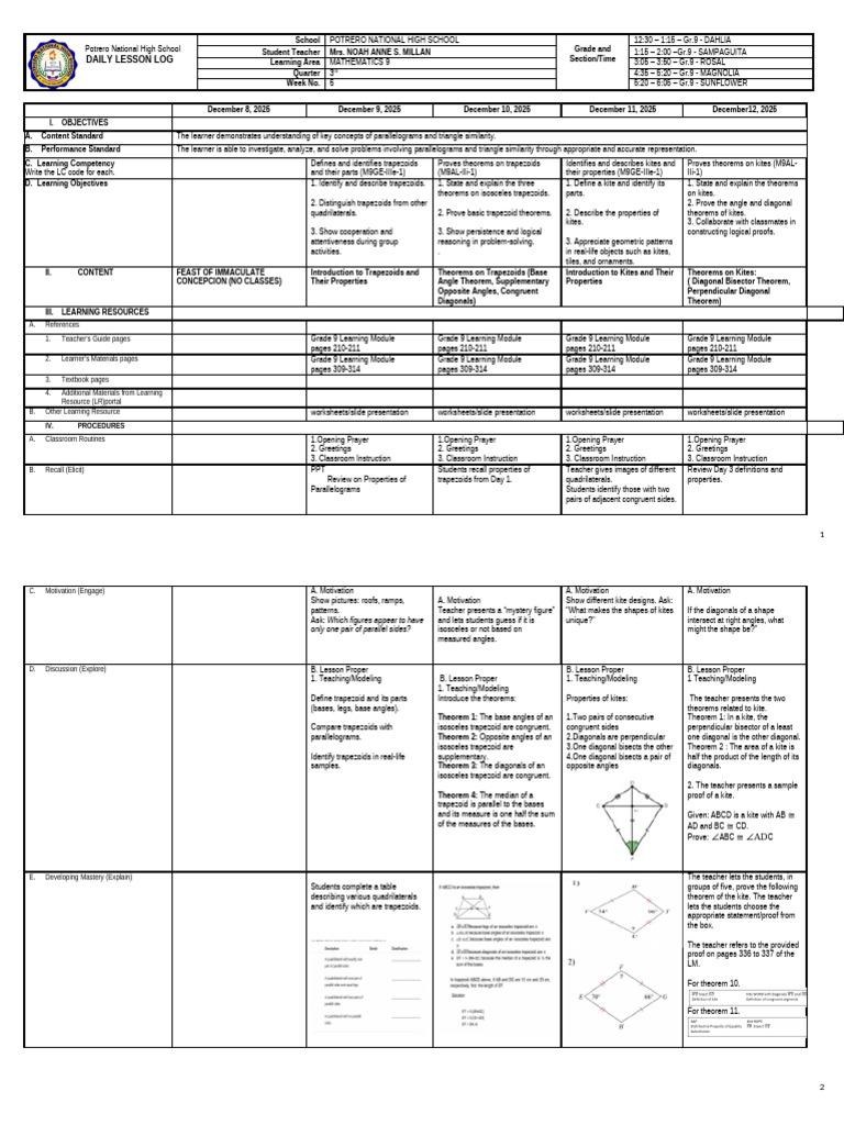 Daily Lesson Log for Grade 9 Mathematics | PDF | Euclid | Euclidean ...
