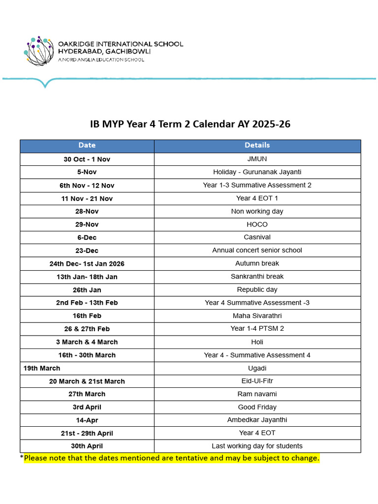 IB MYP Year 4 Term 2 Calendar 2025-26 | PDF