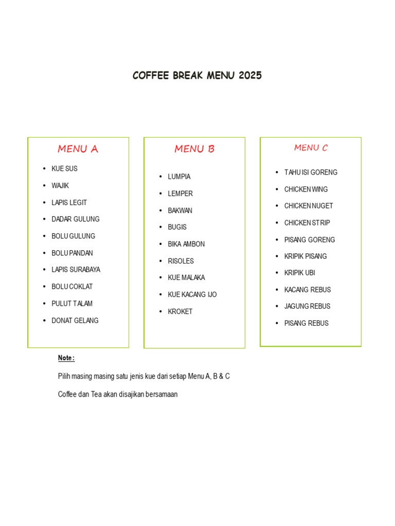 Menu Coffee Break 2025: Kue & Snack | PDF