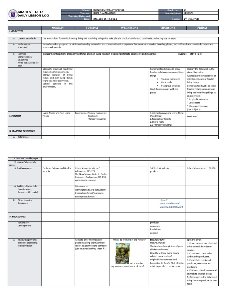 Grade VI Science Daily Lesson Plan | PDF | Mangrove | Food Web