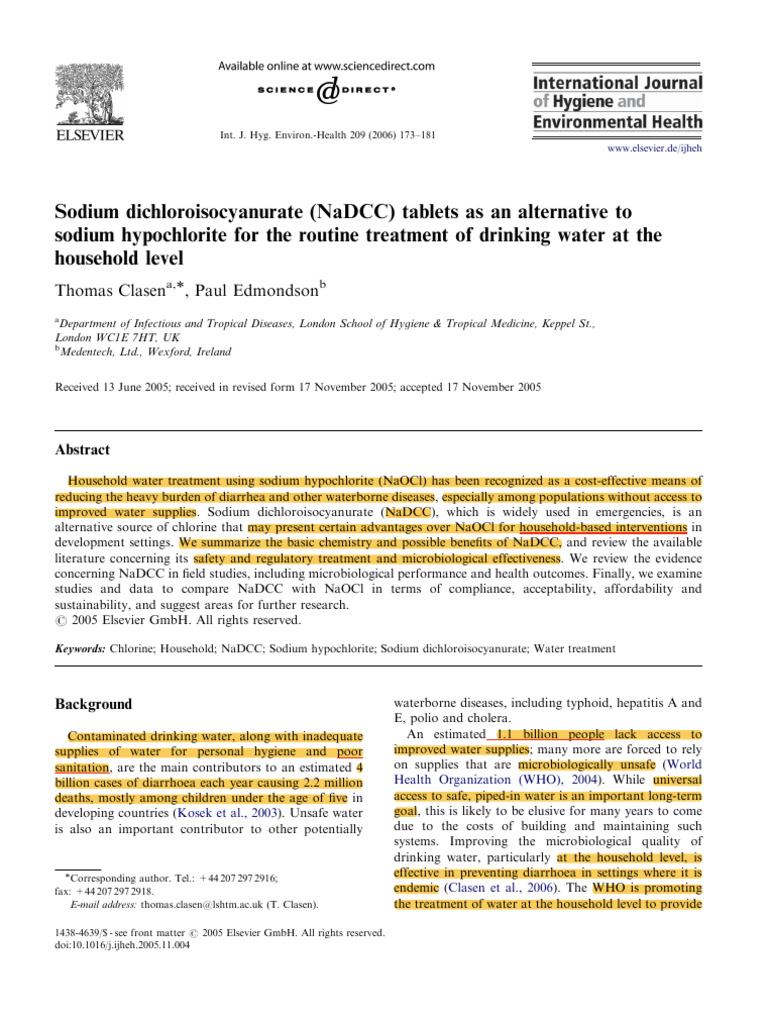 NaDCC vs. NaOCl for Household Water Treatment | PDF | Chlorine ...