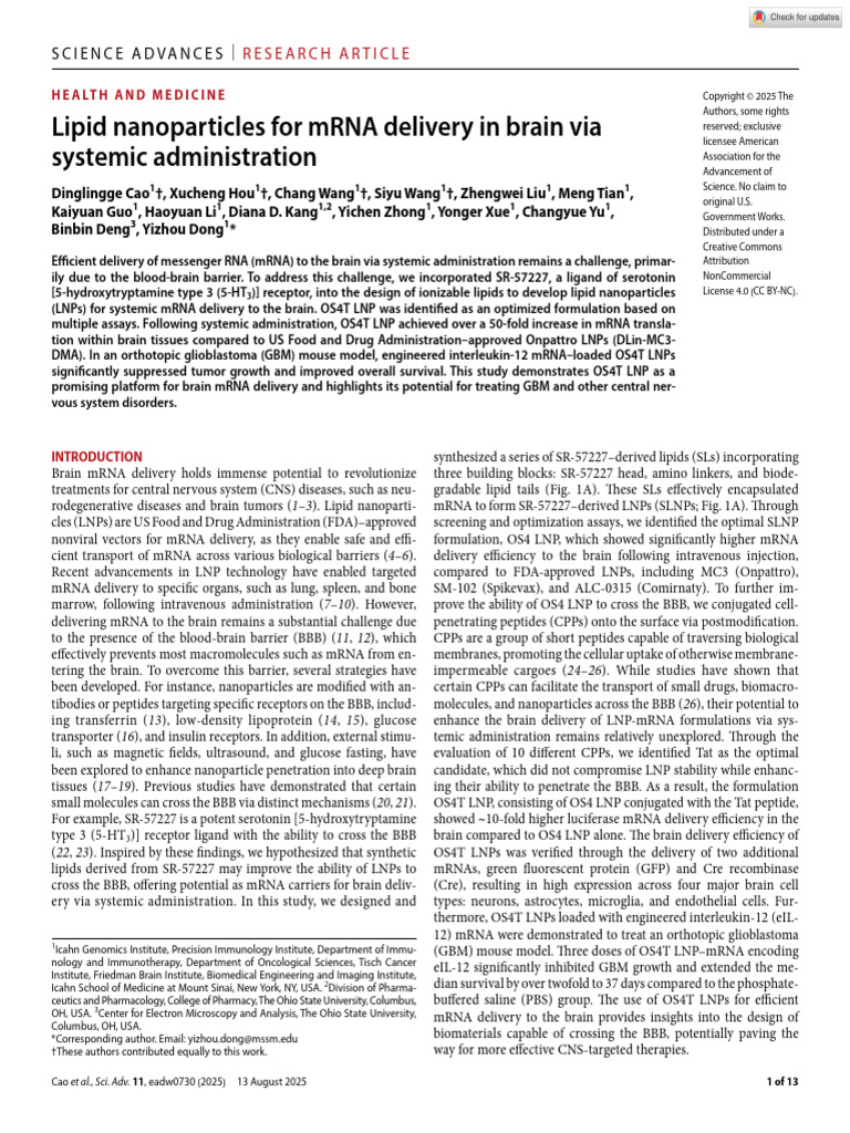 Lipid Nanoparticles for Brain mRNA Delivery | PDF | Biochemistry ...