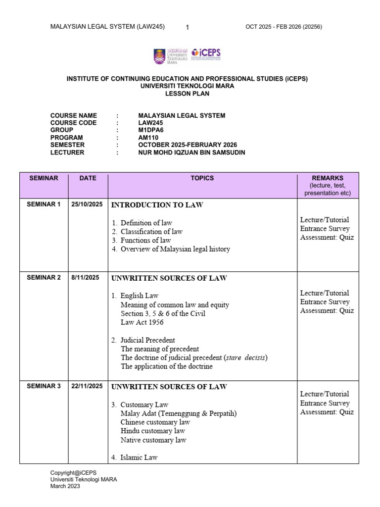 Lesson Plan Law245 Oct 2025 - Feb 2026 | PDF | Sources Of Law | Defamation