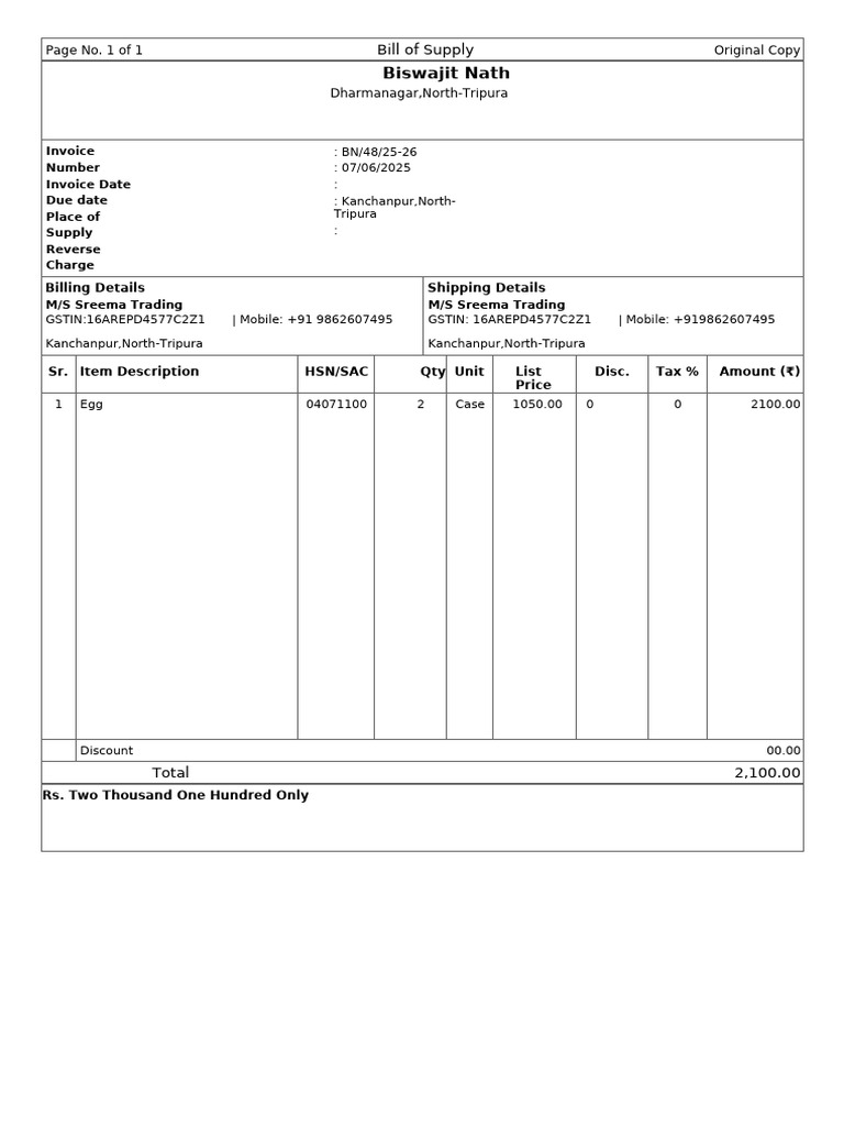 Bill of Supply for Egg Purchase | PDF