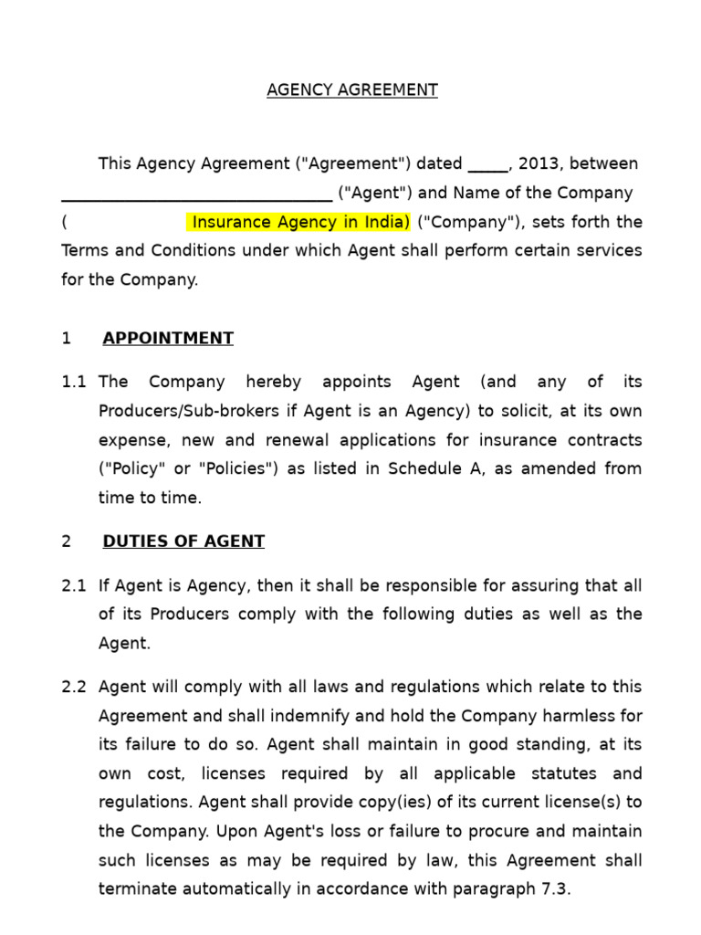 Agency Agreement | PDF | Arbitration | Insurance
