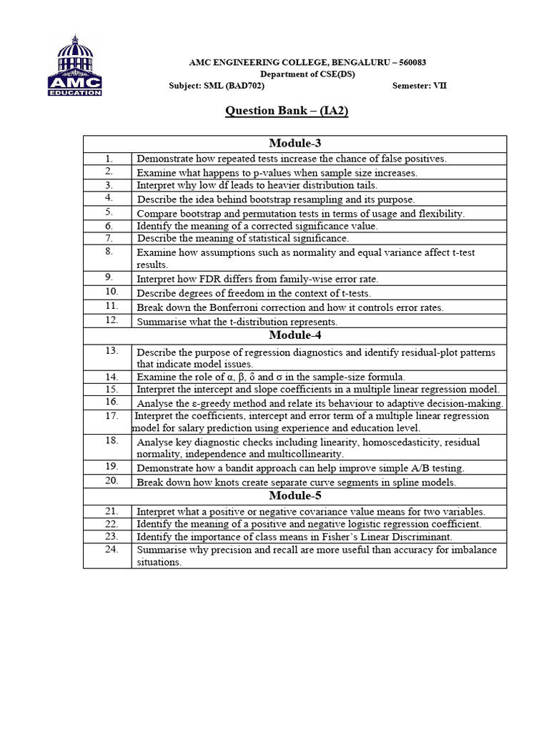 CSE Question Bank: SML IA2 Topics | PDF