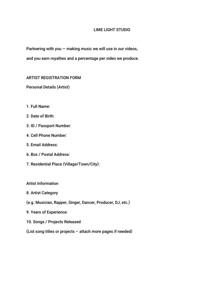 Artist Registration Form for Lime Light Studio | PDF