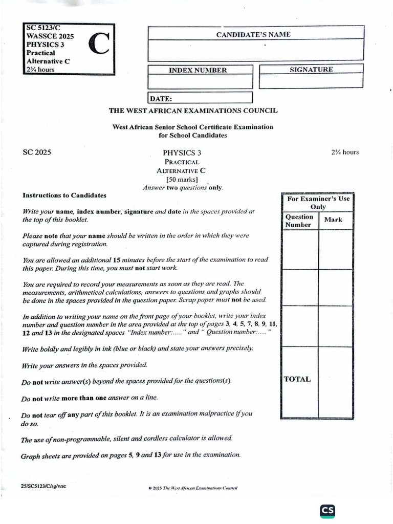 Wassce 2025 Physics Practicals Alternative | PDF